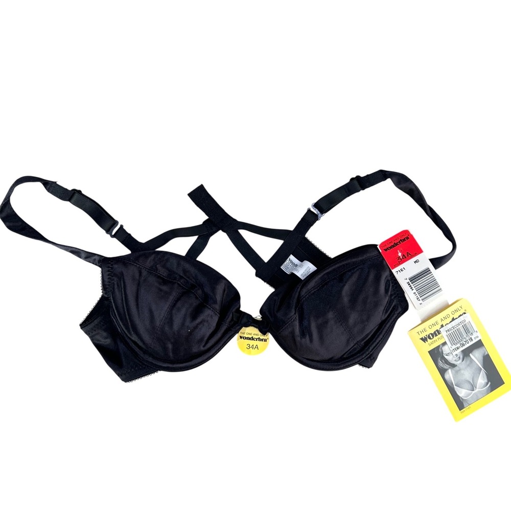 Vintage 90s Wonderbra Satin Push Up Bra Black 34A deadstock nwt